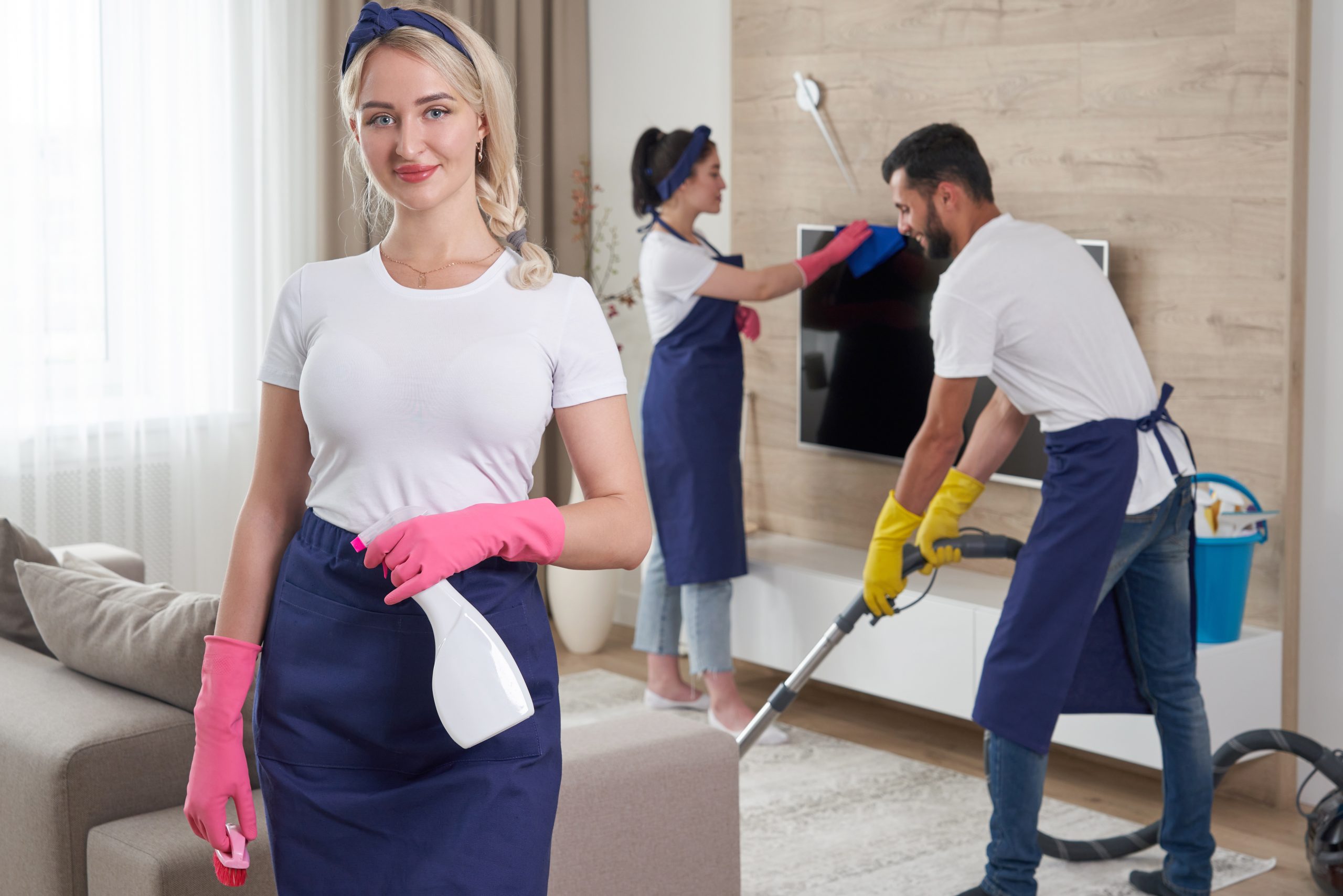 Professional cleaning service team cleans living room in modern apartment